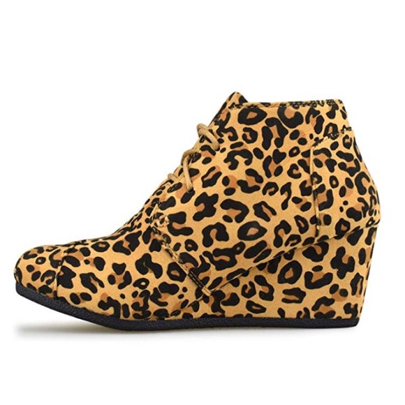 Tan Leopard Lace Up Wedge Booties - Picture 6 of 7